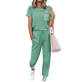 Ekouaer Pajama Sets for Women Short Sleeve Pjs Sets 2 Piece Loungewear Sleepwear with Long Joggers Pants,Green,Large