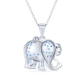 Aqua Blue Grey Pave CZ Good Luck Elephant Pendant Necklace For Women Girlfriend Polished .925 Sterling Silver With Chain