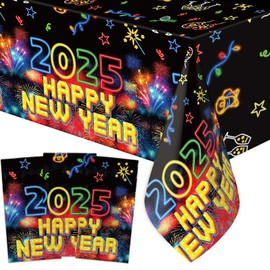 Fancy Land Happy New Year Tablecloth 2025 Colorful Fireworks Table Cover Glow in The Dark Table Decoration for New Year Party Christmas Holiday Carnival Supplies 3Pcs