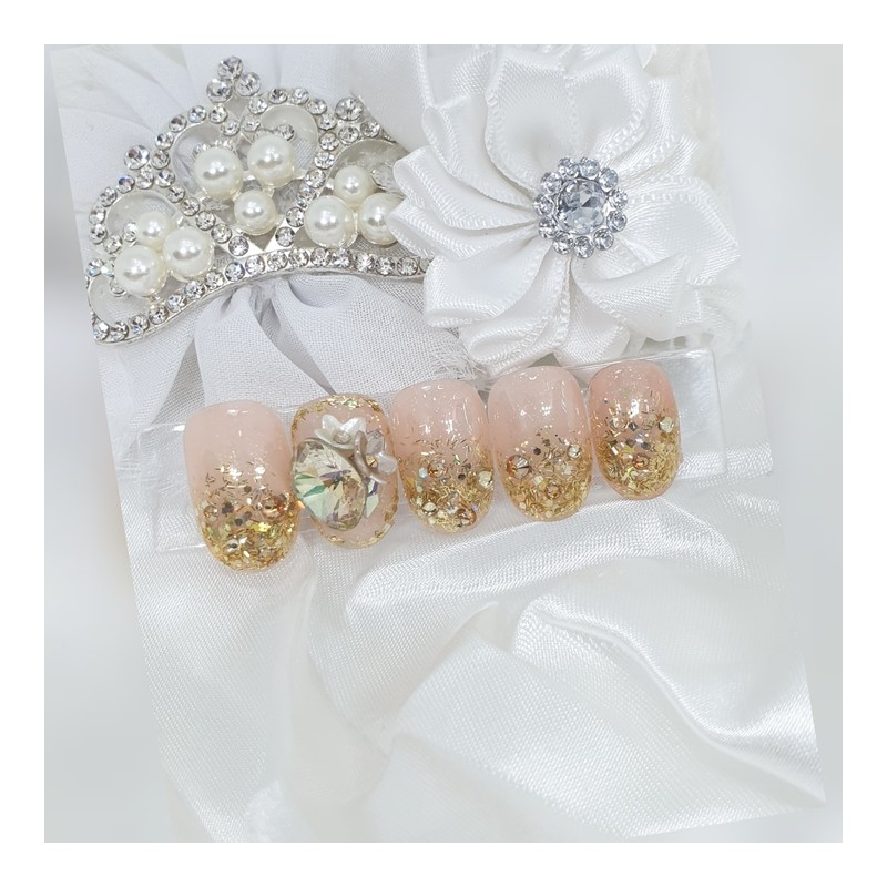 Gold Glitter Gra Handmade Nail Tips - Long Round Square