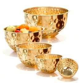 YEJZXY 5-Piece Stainless Steel Mixing Bowls Set, Metal Hammered Gold Mixing Bowls for Kitchen, Cooking, Baking, Salad Prep, Food Storage, Reusable Nesting Design, 1.6-4.9 QT Capacity, Dishwasher Safe