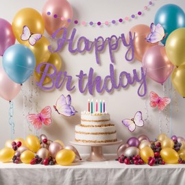 Butterfly Birthday Decorations, Pre-Strung Purple Happy Birthday Banner with Circle Dot Garland NO DIY Butterflies Birthdays Sign Theme Party Decorations for Girls Women