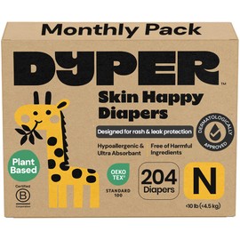 DYPER Monthly Pack Newborn Diapers Size 0 (204 Count) - Leak-Proof & Plant Based, Hypoallergenic, Fragrance Free & Ultra Absorbent Diapers Newborn for Day and Overnight Skin Protection