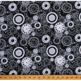Fields Fabrics Cotton Clocks Time Vintage-Look White on Black Fabric Print by the Yard D784.77