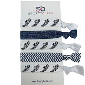 Track & Field Hair Ties Set – 6pc Elastic No-Crease Ponytail Holders with Winged Foot Print, Black Glitter and Green Band, Chevron Pattern, SportyBella Runner Accessories