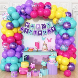 KARLURE Pink Blue Purple Balloons with Happy Birthday Banner, 60 Pcs 12 Inch Metallic Purple Teal Hot Pink Yellow Balloons for Kids Magic Birthday Decorations Baby Shower Graduation Party Supplies