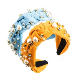 Knotted Jeweled Headband, Pearl Knotted Jeweled Hot Pink Headband for Women, Pearl Rhinestone Crystal Embellished Hairband Elegant Wide Top Knot Bride Headband Bachelorette Party (Blue, Yellow)