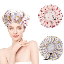 Adorila Large Reusable Shower Caps, Double Layer Elastic Shower Cap for Women, Waterproof Adjustable Hair Bath Caps for Long Hair, Braids (Pink Strawberry, Cute Bear)