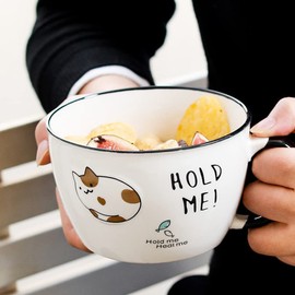 KAIGOBOX Ceramic Soup Bowls with Handle and Lid, Soup Containers Cups Cute Cat/Pink Marbling Soup Mugs Bowl for Ramen, Oatmeal, Noodle, Soup, Fruits 23 oz (White)