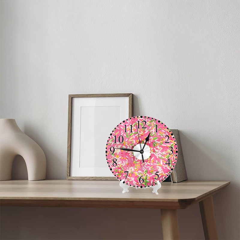 KEEPSUPER Pink Donuts Wall Clock Stripes Glaze and Colored Splashes