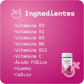 Súluu Multivit FEM Multivitamínico para Mujeres Womens Multivitamin 60 Gomitas Sabor Fresa-Mango Ácido Fólico, Vitamina D3, Vitamina K1, Vitamina B3, Vitamina B6, Vitamina C, Vitamina B12, Hierro y Calcio Sin Gluten