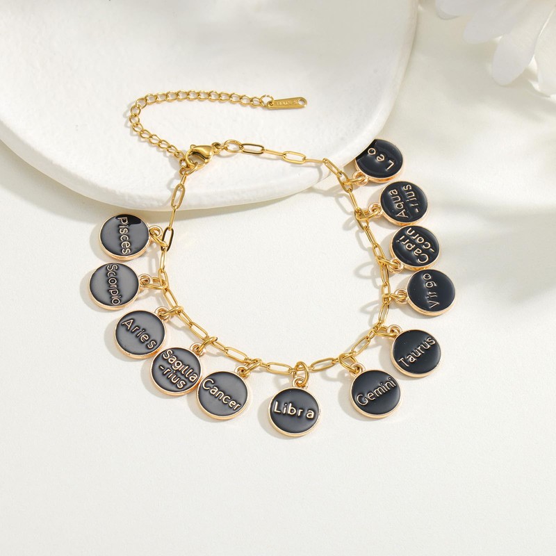 Atiyaer Zodiac Charm Bracelet with Astrological Signs Hand Made Stainless