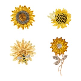 Honbay 4PCS Sparkling Rhinestones Sunflower Brooch Pins Enamel Alloy Flower Bee Brooches Daisy Breastpin Lapel Pins Hat Scarf Shawl Sweater Cardigan Clips