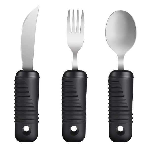 YPC Adaptive Utensils,Easy Grip Silverware,Built-Up Fork,Spoon and Rocker Knife for Adults,Elderly,Arthritis,Tremors and Parkinsons,3 Piece Set