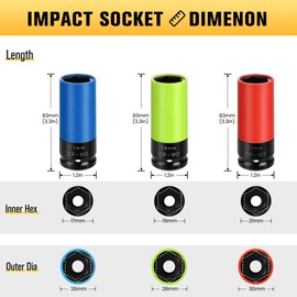 BOEN 1/2" Drive Wheel Protector Impact Socket, Non-Marring Lug Nut Thin Wall Deep Socket Set, CR-MO, 6 Point, Color-Coded Protective Socket | Metric 17 19 21 mm (3 PCS)