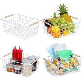 QWORK White Wire Baskets with Handles, Powder-Coated Durable Steel for Multipurpose Storage in Kitchen, Pantry, Closets, and More, 4 Pcs