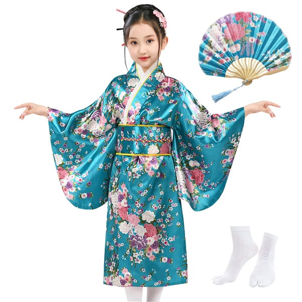 Japanese Kimono for Girls, Traditional Japanese Yukata Dress, Satin Kimono Dress for Children, Anime Role Play Party Dress for Girls with Folding Fan and Tabi Socks, turquoise