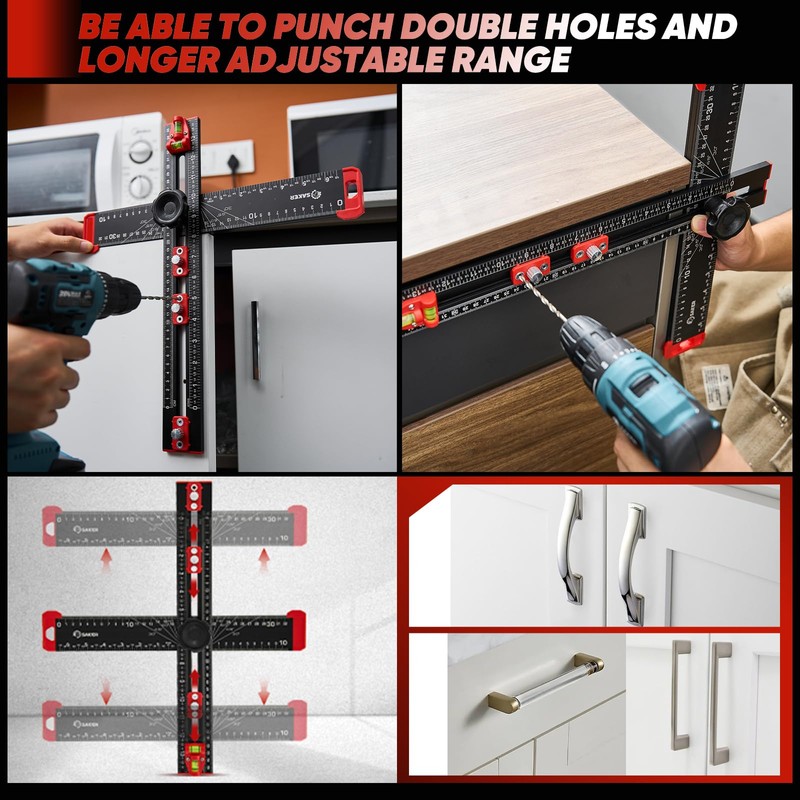 Saker 4-in-1 Drilling Positioning Ruler, Adjustable 13.78in Multifunctional T Square