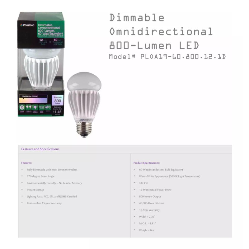 Polaroid Foco Bombilla Regulable Omnidireccional Led 800 Lumens