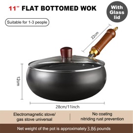 UMETRE Carbon Steel Wok Pan, 11" Woks & Stir-Fry Pans with Glass Lid Cookwares, Nonstick Wok Flat Bottom Small Handmade Chinese Wok For for All Stoves