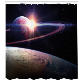 Ambesonne Galaxy Shower Curtain, Sunset in Outer Space Universe Saturn View from Planet Earth Atmosphere in Spaceship, Cloth Fabric Bathroom Decor Set with Hooks, 84" Long Extra, Black Blue