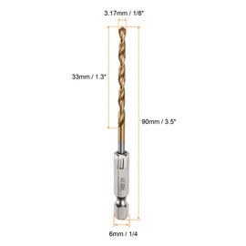 QUARKZMAN 3 Piece 1/8 Inch Hex Shank Drill Bit 1/4 Inch Titanium Drill Bit Set M35 High Speed Steel Twist Drill Bit 90 mm Long Fully Ground for Wood, Stainless Steel, Metal, Plastic