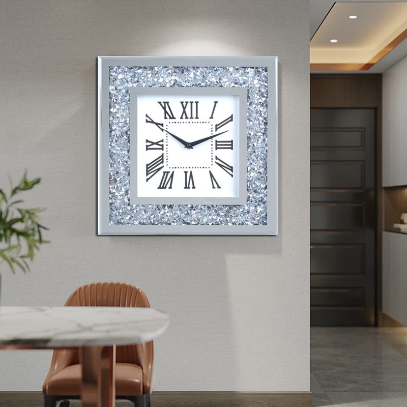 Decor Crushed Diamond Mirror Wall Clock with Crystal Decorations for