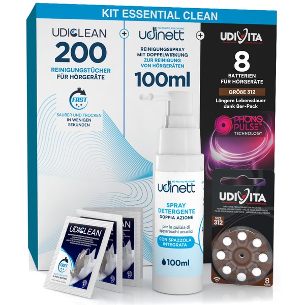 8 Batterien für Hörgeräte Größe 312 + 200 Udiclean Reinigungstücher