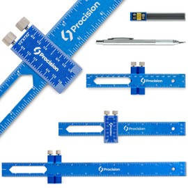 Procision Woodworking Set of 3 Rulers (12, 8, 6 Inch) with Extra Wide 2" Sliding Attachment and Mechanical Pencil