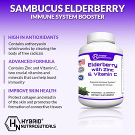 Hybrid Nutraceuticals Black Elderberry Capsules, with Echinacea, Turmeric, Garlic, Zinc, Vitamins C, E and B6, Probiotics and L-Glutamine (60 Capsules)
