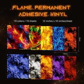 Tintnut Flame Permanent Adhesive Vinyl - 10 Sheets 12"x10" Flame Pttern Adhesive Vinyl Sheets Colorful Flame Self Sticker Water proofing Vinyl Compatible with Cricut Or Silhouette