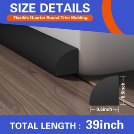 1/2 Inch Flexible Quarter Round Molding, Peel and Stick, Corner Molding Trim, Waterproof Rubber Edge Molding Quadrilateral Trim for Wall Corner Countertops（Black 39Inch)