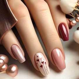 RUOKEXIN Coffin Press on Nails Medium Fake Nails Red Brown False Nails with Heart Designs Holiday Nail Press ons Glossy Artificial Nails Natural Stick on Nails for Women 24Pcs