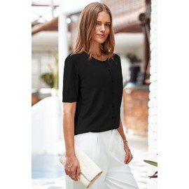 Arach&Cloz Womens Fashion Summer Short Sleeve Cropped Cardigan 2025 Spring Lightweight Button Down Tops Crew Neck Bolero Shrug Business Casual Outfits Work Trendy Black M