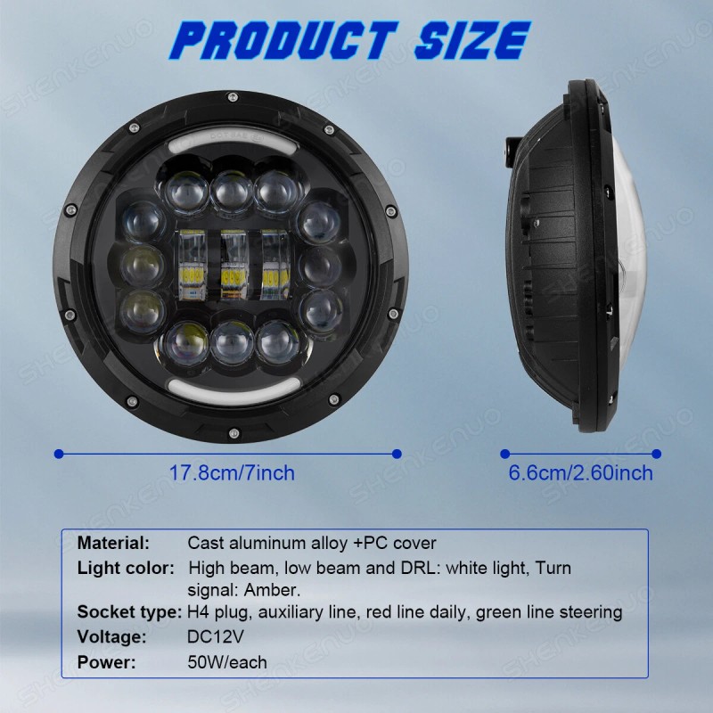 SHENKENUO For Hummer H2 2003-2009 Pair 7" inch Round LED