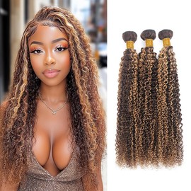 Biliisyff P4/30 Brown Highlight Bundles Human Hair Brown Kinky Curly Human Hair Bundles Two Tone Brown Mixed With Dark Brown Bundles Soft and Silky Bundles (8 10 12 Inch)