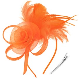 DRESHOW Fascinator Hats for Women Pillbox Hat with Veil Headband and a Forked Clip Tea Party Headpiece, orange, Unit size