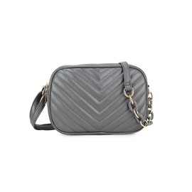 Women Small 3 Zip Compartments Chevron Quilted Vegan Leather Crossbody Organiser bag Shoulder Handbag-Grey