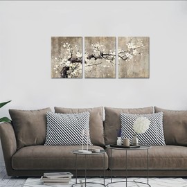 YeiLnm 3 Panels Flower Wall Art White Plum Blossom Canvas Picture Print Vintage Brown Paintings Elegant Floral Prints Artwork for Bathroom Kitchen Modern Country Home Wall Decoration