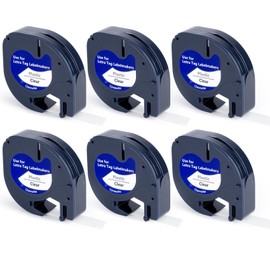 6X Label Tapes Replacement for Dymo Label Tape, Label Maker Tape 12 mm x 4 m Roll, Plastic Clear Dymo Labels for Dymo Letra Tag Label Maker LetraTag 100H、LetraTag 100T、 LetraTag 2000、LetraTag QX50