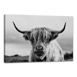 Highland Cow Wall Art Canvas Print Black and White Animal Canvas Picture Framed Art Wall Decor for Bedroom Bathroom (20x30 inch)