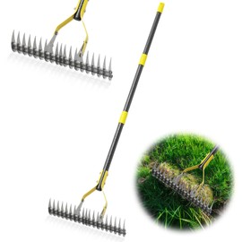 Thatch Rake 4.5FT Heavy Duty Metal Dethatcher Rake with Adjustable Long Handle 19-Tine 15” Wide Lawn Yard Garden Tool for Cleaning Dead Leaf Grass Loosing Soil