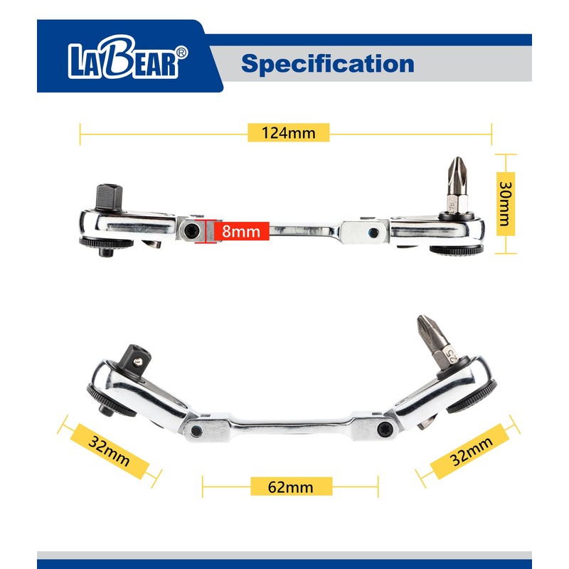 LABEAR - Flexible Dual Ratchet with 1/4" Square Drive &