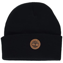 Timberland Men's Cuffed Beanie with Leather Logo Patch, Black, One Size