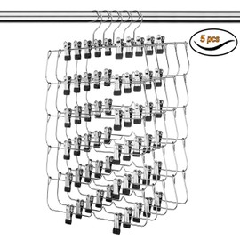USTECH 6-Tier Skirts Pants with Non-Slip Adjustable Clips Hanger, Space Saving, Garments Organizer, Metal, Chrome (5 Pack)