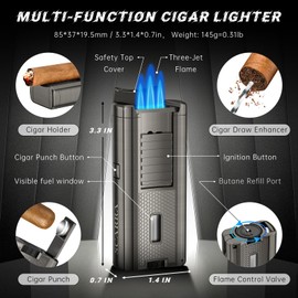 SCARRA Cigar Lighter Built-in Cigar Holder, Cigar Draw Enhancer, One-Touch Cigar Punch, Triple Jet Flame Torch Lighter with Gift Box, Refillable Butane Lighters Multifunctional Cigar Accessories