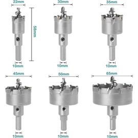 KEWAYO 6 Pieces Hole Saw Carbide Drill Bit, High-Quality TCT Metal Hole Saw Drill Bit for Stainless Steel, Iron, Alloy, Wood, Plastic (22-65 mm) (6)
