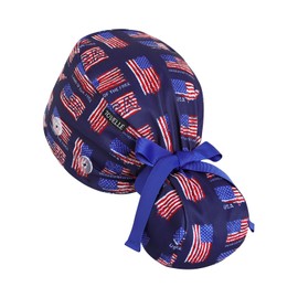 Scrub Caps Women Ponytail – USA Flag Print Double-Sided Printed Surgical Hat with Buttons and Sweatband, Soft Nurse Cap for Long Hair, Helps Reduce Static Buildup