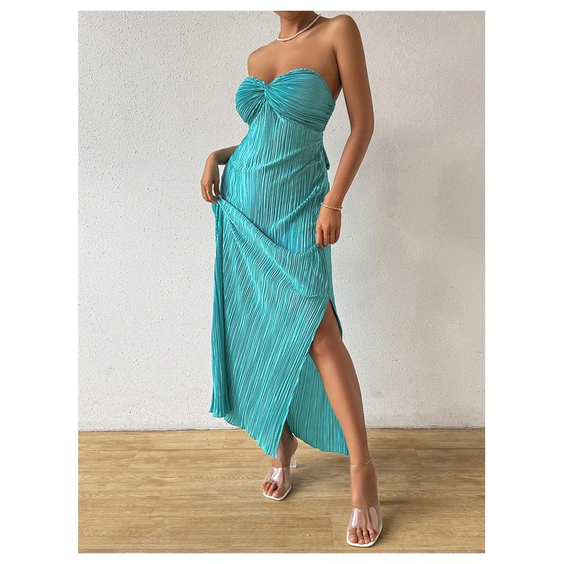 Milumia Women's Twist Front Strapless Bodycon Dress Summer Split Thigh