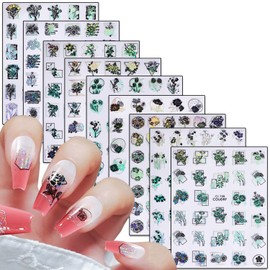 Silver Flowers Nail Art Stickers Decals, Holographic 3D Nail Self-Adhesive Sticker Designs Laser Silver Floral Rose Leaf Tulip Nail Transfer Decals for Women Manicure Charm Decorations DIY Resin Decal